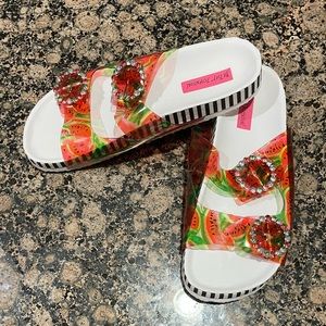 Betsy Johnson Watermelon Sandals with jewel rhinestone buckles - Size 9